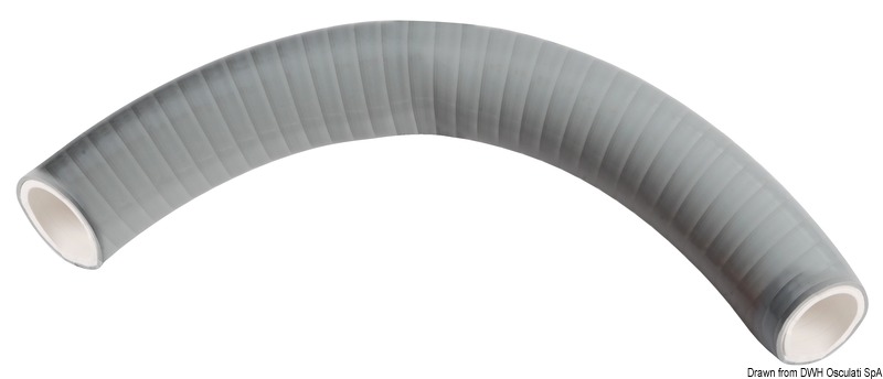 In PVC grigio con spirale in acciaio. Ha una mescola particolarmente morbida che gli permette di avere una flessibilità paragonabile al tubo di gomma. La superficie ha un trattamento che lo rende simile ad un tubo siliconico dandogli un aspetto molto tecnico e professionale. Temperatura di impiego -10°C +60°C.