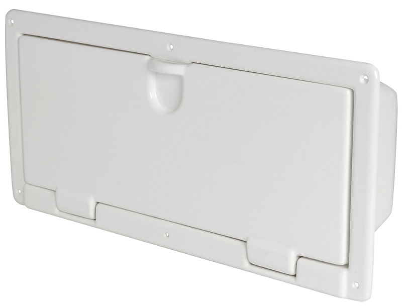 In ABS bianco lucido, completo di sportello incernierato.