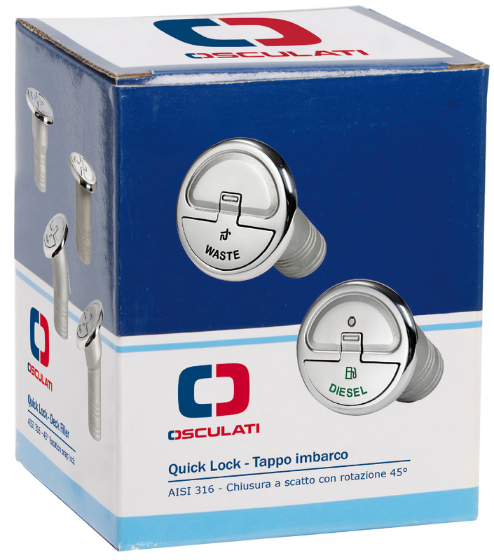 Caratteristiche tecniche: chiusura a scatto con rotazione 45°; sporgenza solo 7,7 mm; viti a scomparsa; cavetto inox di ritegno con molla; versioni fuel e diesel con attacco per cavo di massa; fabbricato in acciaio inox AISI 316 lucidato a specchio; simbologia a norme DIN.