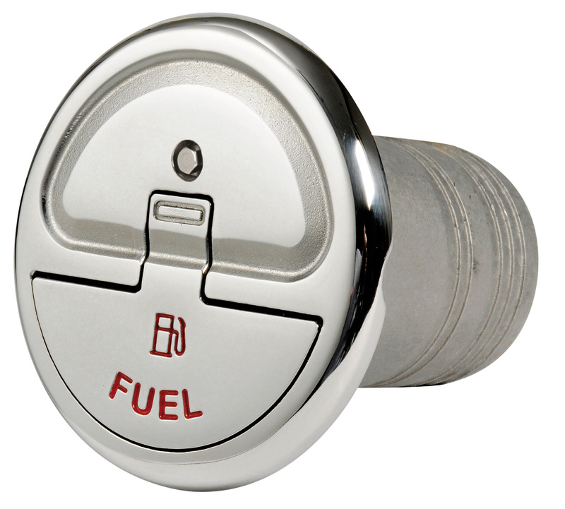 Caratteristiche tecniche: chiusura a scatto con rotazione 45°; sporgenza solo 7,7 mm; viti a scomparsa; cavetto inox di ritegno con molla; versioni fuel e diesel con attacco per cavo di massa; fabbricato in acciaio inox AISI 316 lucidato a specchio; simbologia a norme DIN.