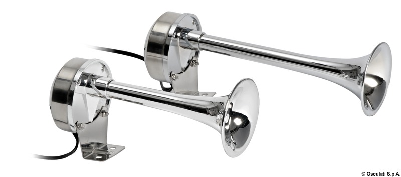 Corpo in acciaio inox lucidato a specchio e corno in ABS cromato. Suono singolo o bitonale.