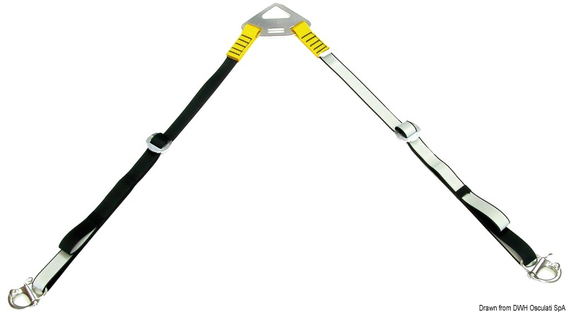 Di alta qualità, resistente UV per sollevamento tender di qualsiasi tipo. Piastra di sospendita e fibbie di regolazione in alluminio alta resistenza anodizzato. Moschettoni aggancio in acciaio inox AISI 316 ad apertura rapida. Carico max KG 400. Universali per qualsiasi gommone, in quanto regolabili. Articolo brevettato e certificato CE.