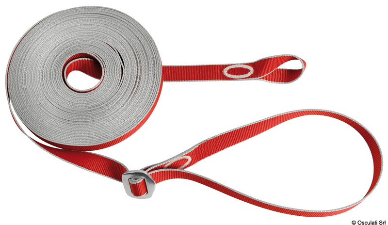 Linea vita regolabile con assorbitore di energia attraverso lo scorrimento della fibbia e l'allungamento controllato del nastro fino all'8%.