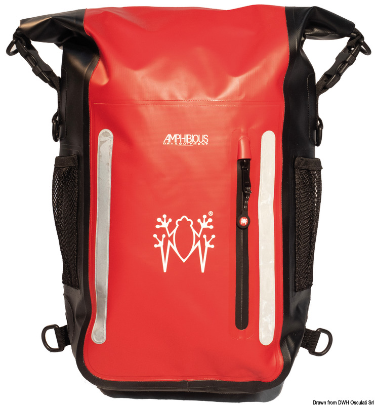 Chiusura quick proof, schienale imbottito con tessuto reticolare traspirante, supporto lombare rimovibile, bande rifrangenti, tasche con cerniere water resistant, tasche a rete.