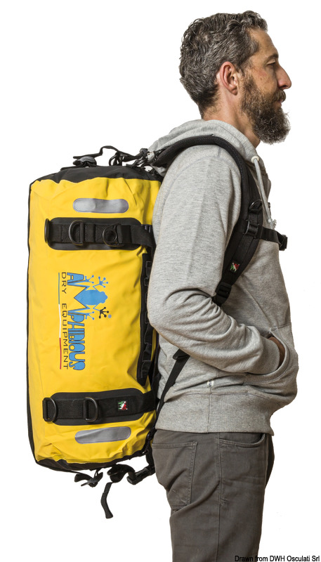 Borsone stagno a sezione circolare con sistema ultra fix per agganciare moschettoni o altro, bande rifrangenti, tasca a rete, tasca esterna water resistant.