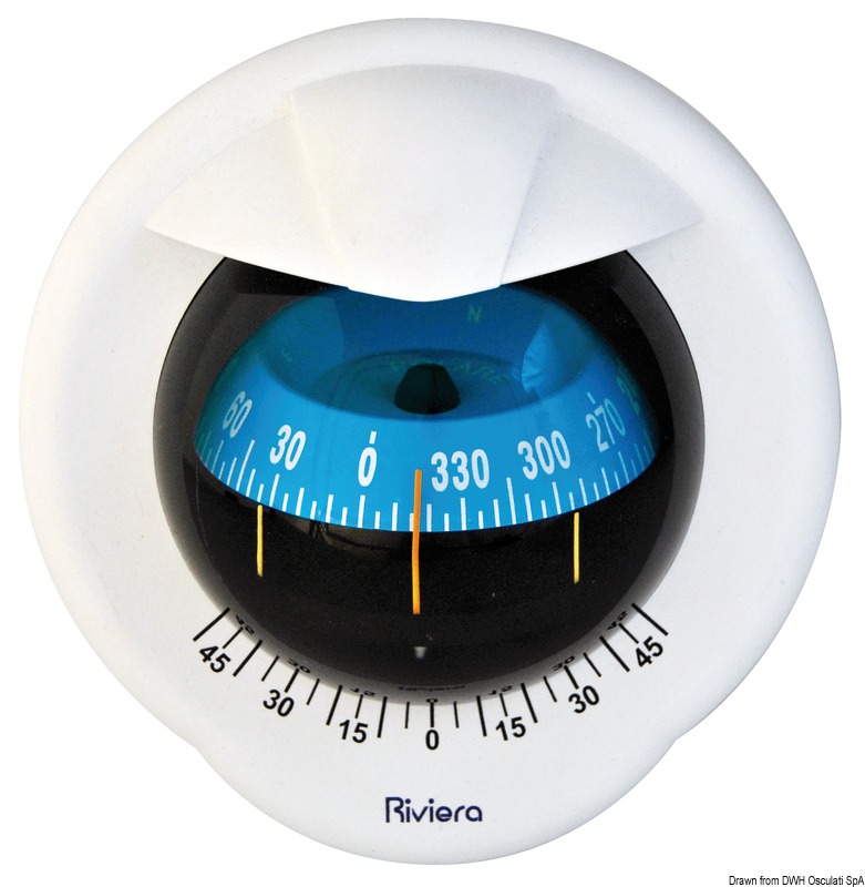Con cardano interno, inclinometro, illuminazione 12/24 V, divisione rosa 5°. Calotta posteriore e cover incluse.