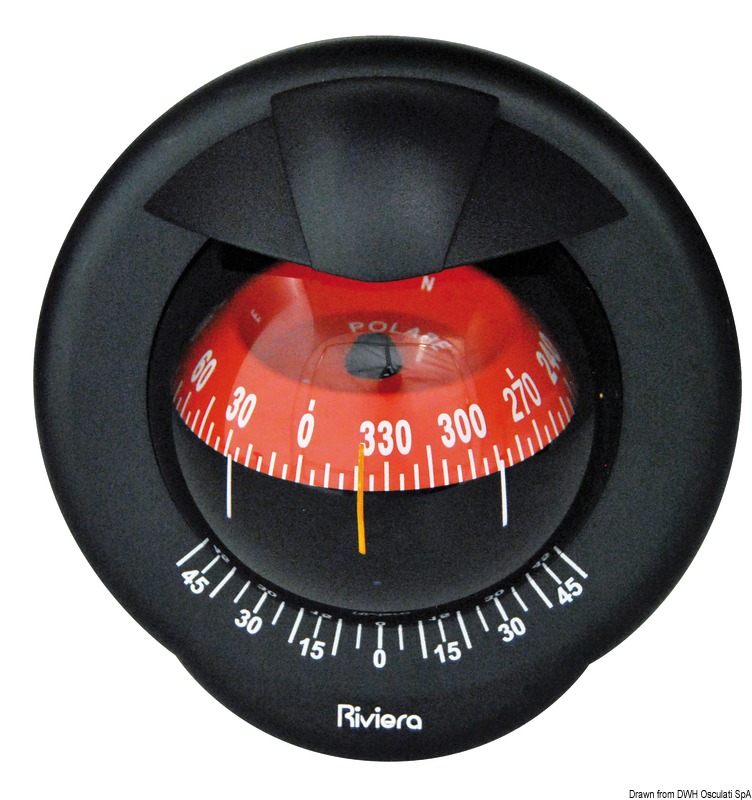 Con cardano interno, inclinometro, illuminazione 12/24 V, divisione rosa 5°. Calotta posteriore e cover incluse.