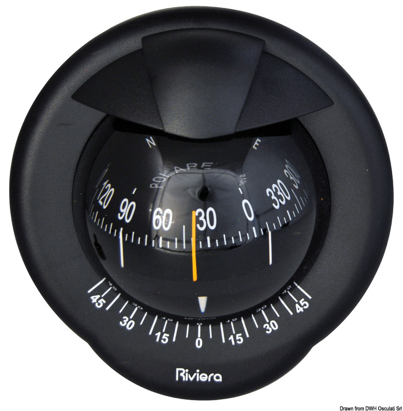 Con cardano interno, inclinometro, illuminazione 12/24 V, divisione rosa 5°. Calotta posteriore e cover incluse.