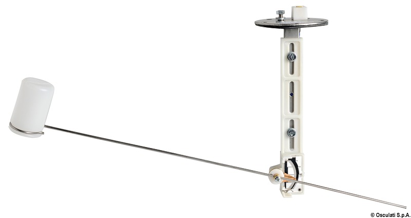 Parti metalliche in acciaio inox. Resistenza a strisciamento in ceramica con contatto in platino (garantiti 4 milioni di movimenti). Regolabile per serbatoi altezza 150-600. Sistema brevettato di ritardo dall'asta mobile per annullare l'effetto beccheggio/rollio.