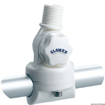 In nylon, con bloccaggio a pomello, per montaggio su tubi corrimano Ø mm 22/25. universale per antenne VHF/GPS.