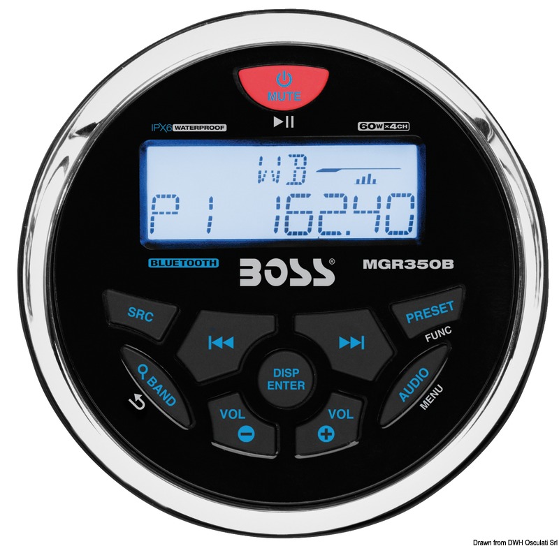 Radio AM/FM con sistema RDS. Ingressi USB e AUX 3,5 mm sul retro (collocabili in plancia mediante accessorio 29.530.08).Connessione Bluetooth per audio streaming; display TFT matrice attiva, protezione IPX6. Potenza RMS 150 W, picco 63 W per canale.Alimentazione 12 V, assorbimento 15 A. Diametro foro 76 mm, profondità incasso 111 mm.