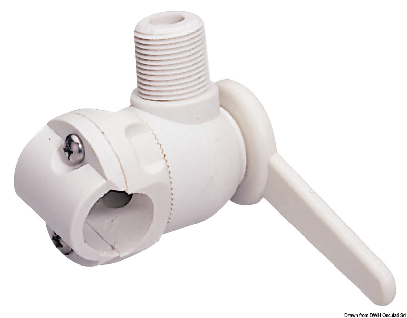 Con filetto universale. Realizzata in nylon bianco adattabile a tubi del Ø di 25 mm.
