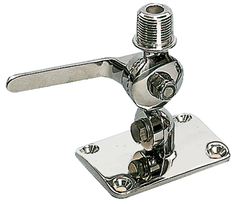 Realizzata in acciaio inox. Bloccaggio rapido con eccentrico, filetto di testa universale; base mm 65x92. Adatta per antenna VHF/GPS.
