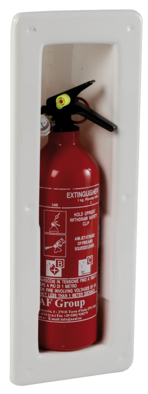 Progettato per gli estintori ANAF da 1 kg che si inseriscono nel vano a pressione, senza necessità di alcun tipo di aggancio.