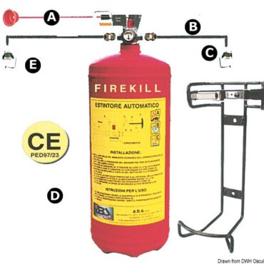 Omologati RINA; modelli a polvere con azionamento automatico tramite rottura di un ampolla di vetro a 93°, oppure manualmente tramite flessibile con comando a distanza. Il kit é composto da: bombola caricata a polvere ABC 30%; valvola speciale con doppia uscita: per collegare più ugelli con più tubo di rame; maniglia di comando a distanza con cavetto in acciaio, lunghezza 6 m accorciabile; ugelli più tubo di rame da mm 8x10.Nuova versione 2017 che soddisfa ISO 9094 con pressostato da collegare ad una spia sul cruscotto (14.185.01/02 o simili) che segnala eventuali perdite di pressione o apertura impianto.A Comando a manoB Raccordo M10xC Ugello su serbatoioD Serbatoio verticale fissaggio a parete o pavimentoE Ugello su vano motore