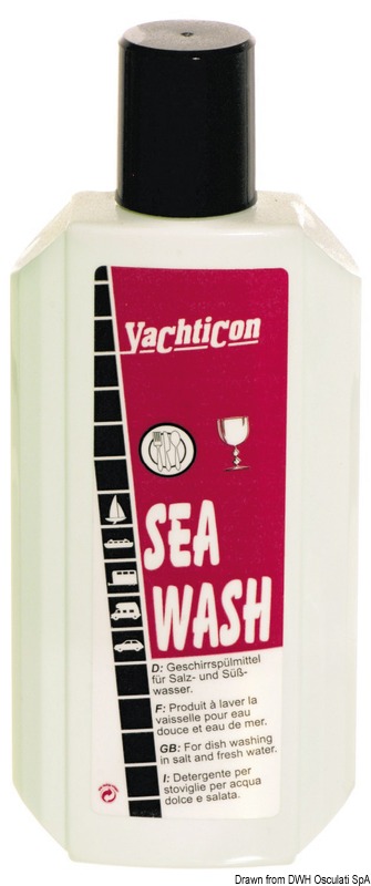 Speciale detersivo liquido concentrato per piatti e posate utilizzabile con acqua di mare. Permette un risparmio importante di acqua dolce.