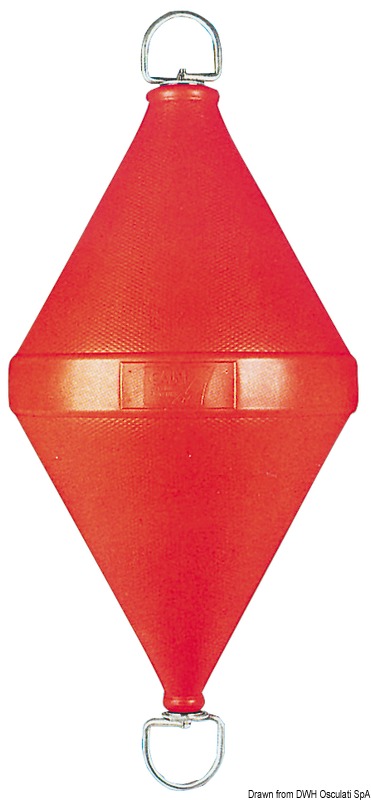 Riempiti in poliuretano espanso; anelli girevoli in acciaio inox. Colori arancione o bianco.