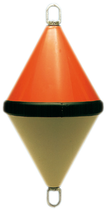 Di colore bianco e rosso, con guarnizione periferica centrale in PVC morbido nero. Tirante centrale passante robustissimo, in ferro zincato. E’ riempito interamente in resina poliuretanica resistente agli idrocarburi, quindi inaffondabile. Misure disponibili secondo i litri di galleggiamento.