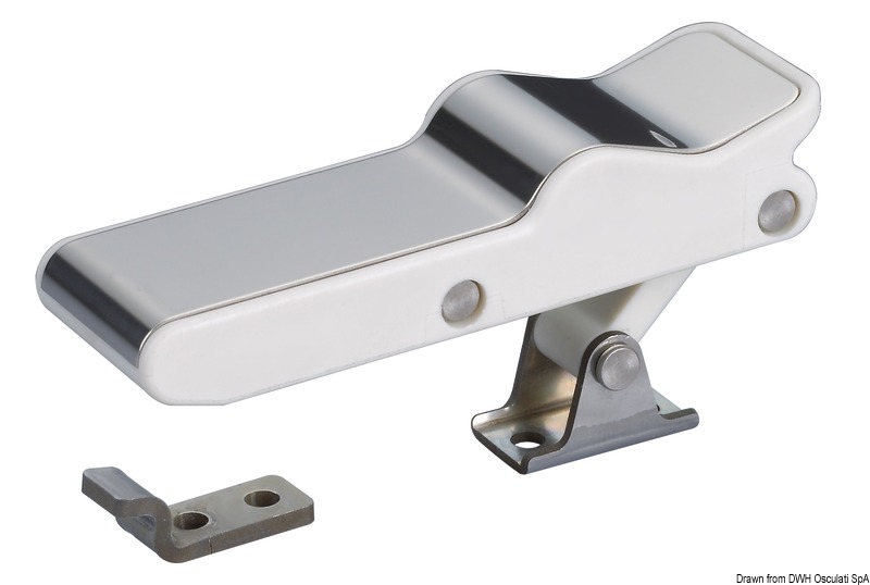 Con chiusura a leva eccentrica. In termogomma elastica con frontale in acciaio inox lucidato a specchio. Escursione elastica 6 mm.