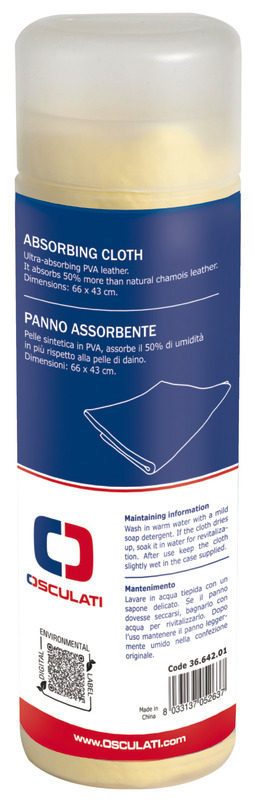 Pelle sintetica ultra-assorbente in PVA. Assorbe il 50% in più della pelle di daino normale, asciugando perfettamente, senza lasciare aloni.