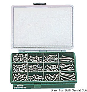 Misure: A2 AISI 304 175x145x32 mm.Totale pezzi: 390.Contenuto: 46 viti testa esagonale (DIN 933); 64 viti testa svasata piana (DIN 963); 90 dadi esagonali (DIN 934); 40 dadi esagonali autobloccanti (DIN 982); 90 rondelle piane (DIN 125); 60 rondelle piane larghe tre volte il foro.