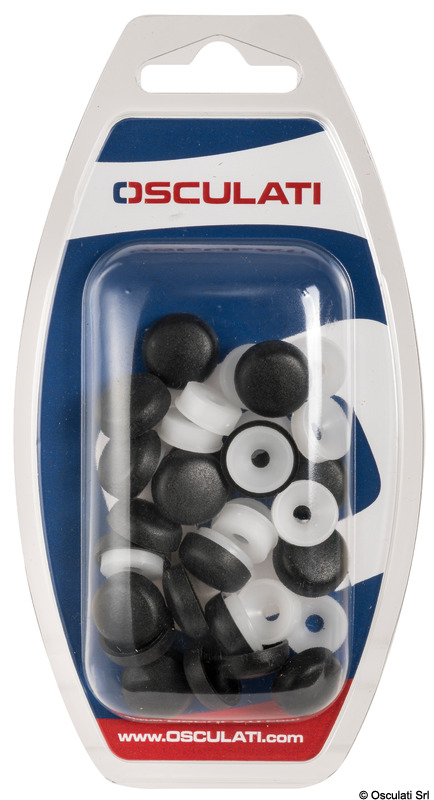 Orli sottovite completi di copritesta a scatto. Sono fabbricati in polipropilene UV stabilizzato e garantiscono, con un costo irrisorio, finiture accurate, impermeabilità e resistenza alla corrosione; da accoppiare con viti a testa svasata piana autofilettanti a legno o a metallo.