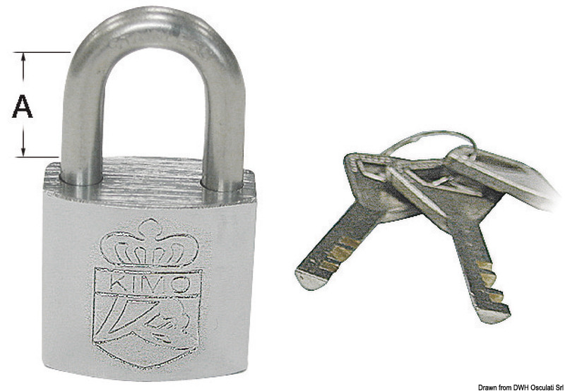 Quattro lucchetti in blister espositivo con quattro chiavi uguali. Corpo in ottone cromato ed arco in acciaio inox.