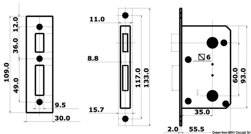Dimensioni: 94x57x11,5 mm. Per porte spessore 16/38 mm.