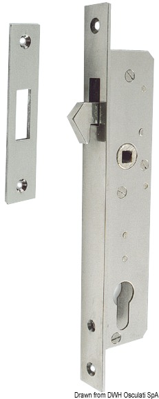 In acciaio inox. Completa di scontro, cilindro tipo Yale e maniglia piatta. La bassa profondità la rende molto adatta per porte con profili sottili.