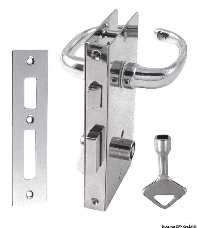 Serrature in ottone cromato da infilare, per porte spessore 15 mm, complete di scontro, coppia placche inox e coppia maniglie 84 mm.