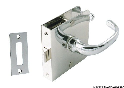 Serrature in ottone cromato da infilare, per porte spessore 15 mm, complete di scontro, coppia placche inox e coppia maniglie 84 mm.