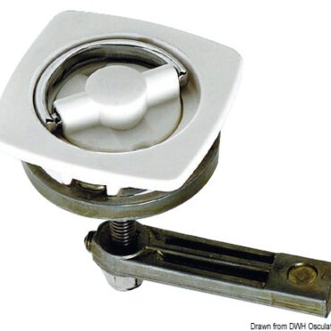 In nylon + ottone cromato. Fissaggio con due viti su pannelli spessore mm 6-16, completo di fermo a scatto.