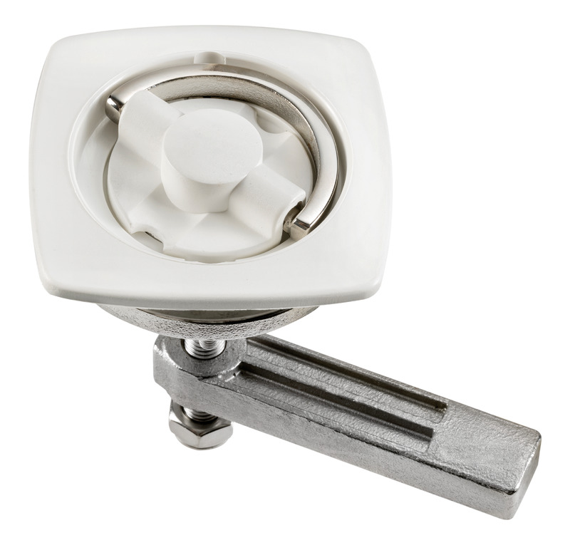 In nylon + acciaio inox. Fissaggio con due viti su pannelli spessore mm 6-16, completo di fermo a scatto.