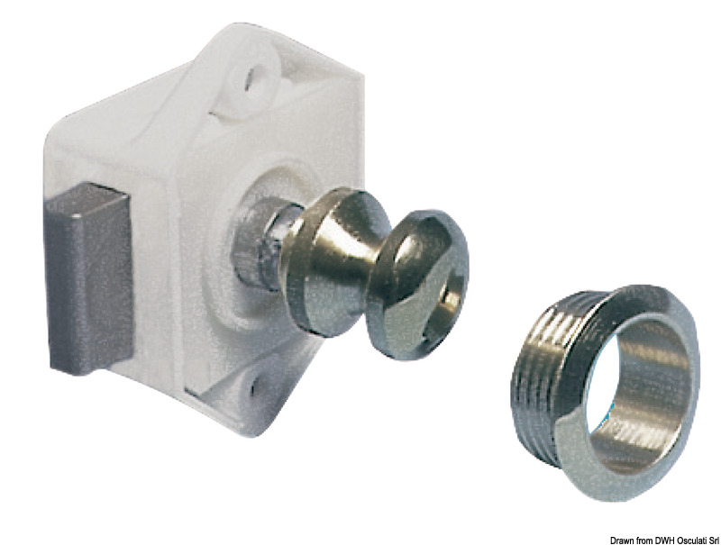 In nylon con pulsante e ghiera in ottone. Foratura per ghiera Ø 24 mm.