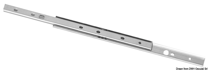 In acciaio inox su sfere per cassetti. Ottimo scorrimento e grande robustezza. Due membri di estensione (apertura a 3/4). Dotati di frizione a fine corsa per trattenere il cassetto in posizione aperta.