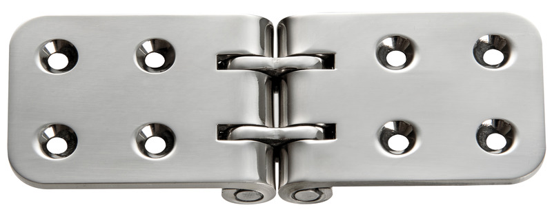 In acciaio Inox AISI 316L lucidata a specchio. Applicabile sul bordo tavolo (spessore min. 19mm).Progettata e realizzata per aver il minor gioco possibile ed ottenere una ribaltina stabile ferma.