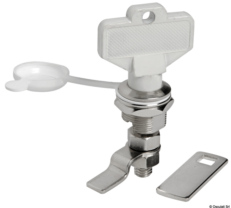In ottone cromato, completa di cappuccio stagno di protezione. Rotazione a 90° con molla interna anti-vibrante. Completa di chiave. Doppia levetta in dotazione.