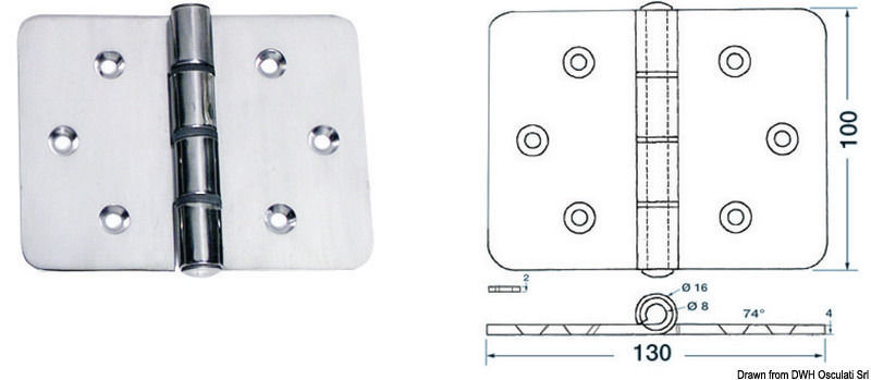 Maxi cerniere in acciaio inox AISI 316 lucidato a specchio, asse 8 mm.