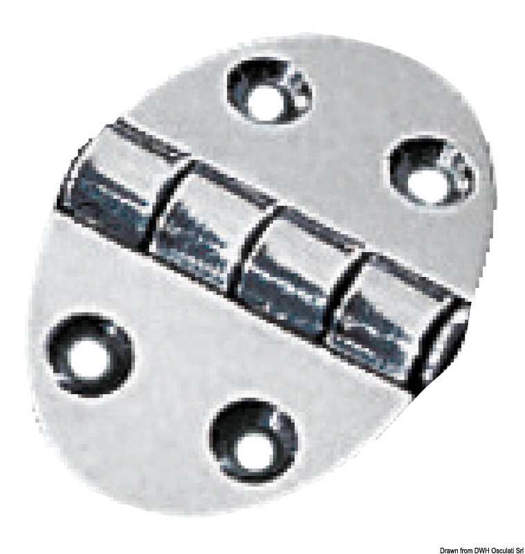 Cerniere in acciaio inox lucidato a specchio Serie OVAL TYPE. Asse di centrale semi-incassato, apertura 270°.