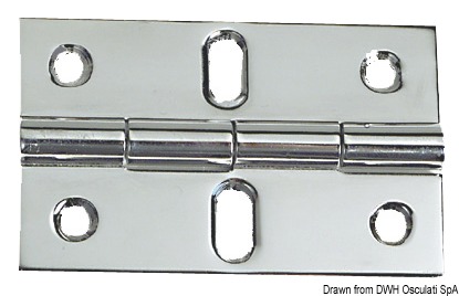 Cerniera in acciaio inox lucidato, mezzo incasso. Provvista di fori centrali ovalizzati per consentire una perfetta centratura. Progettata per incernieratura dei gavoni. Con smorzamento delle vibrazioni tramite asse centrale frenato.
