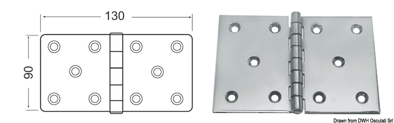 Speciale cerniera in acciaio inox extra robusta, lucidata a specchio, adatta per cofani motore o impieghi gravosi.