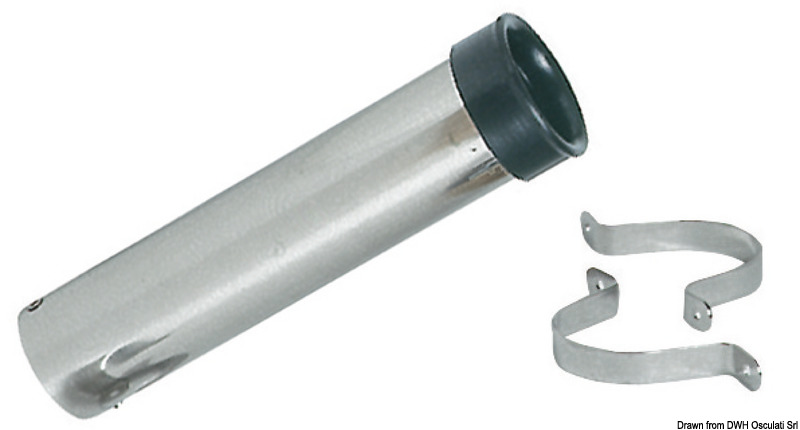 In acciaio inox, fissaggio con 2 fascette, boccola interna in PVC anti-usura.
