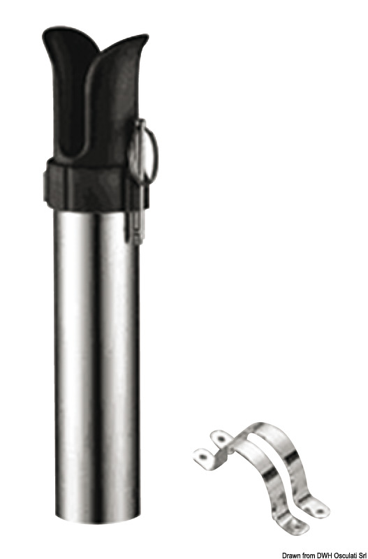 In acciaio inox lucidato ed imboccatura in tecnopolimero. Completo di fascette di fissaggio e spinotto estraibile per fissaggio canna.