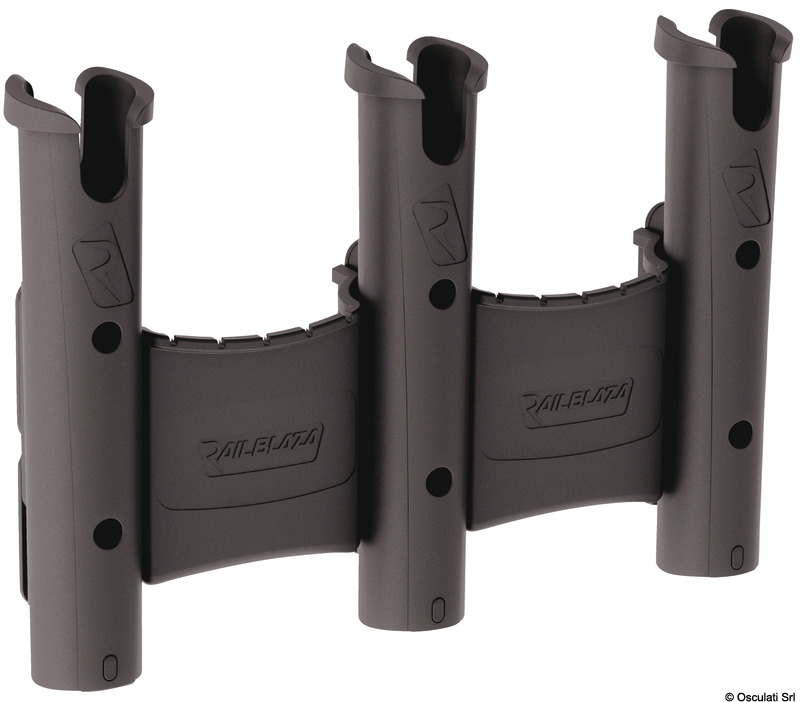 Portacanne singolo o modulare (si possono collegare i moduli tra loro senza fine).Adatto ad impugnature fino a 40 mm.Perno di fine corsa che impedisce la rotazione della canna (removibile).Nelle versione multiple (tra le due canne) vano per esche, attrezzi ed altro.
