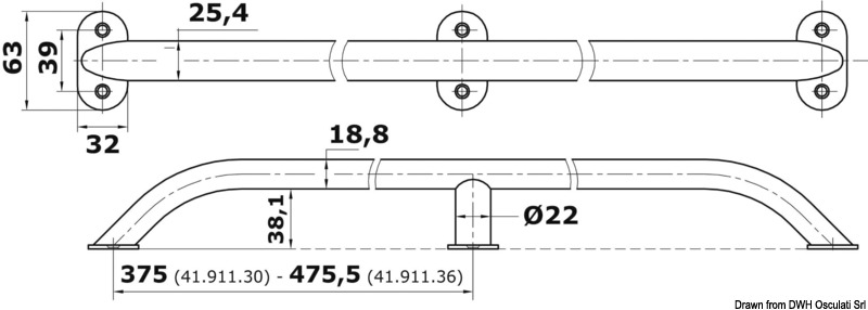 In acciaio inox lucidato a specchio, sezione19x25 mm, fissaggio esterno con viti.