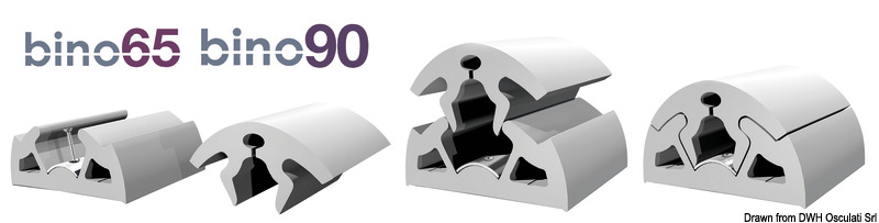 Realizzato in PVC. Composto da 2 parti ad incastro + profilo inox di fissaggio (solo 65 e 90). Montaggio a freddo.Bino 40 estremamente flessibile ed adatto a curvature accentuate sui due assi. Bino 65 e 90 fornisce una elevata protezione ed è consigliato per imbarcazioni pesanti, da lavoro, militari o dove la facilità di installazione è necessaria.