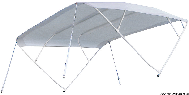 Struttura in alluminio verniciato bianco Ø 20 mm, munite di quattro archi smontabili, tessuto in poliestere PVC molto robusto.Fornite complete di custodia per poterle riporre piegate. Snodi in nylon.