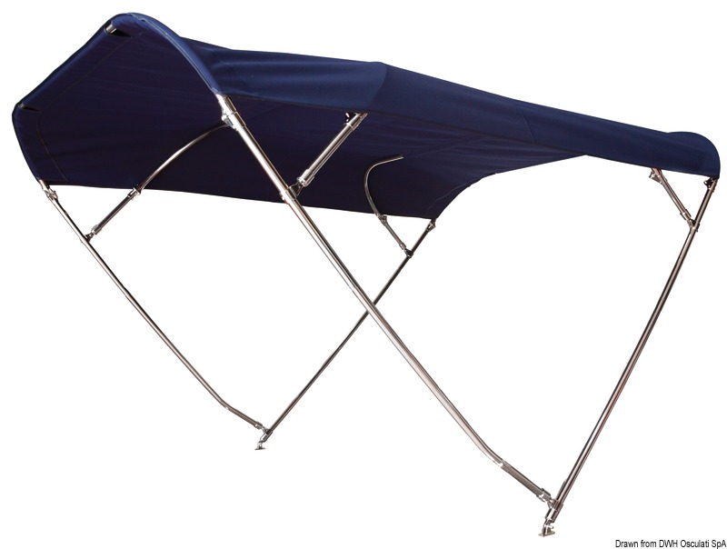 Con tubi Ø 25 mm e tutta la raccorderia in acciaio inox AISI 316. Archi abbattibili, tessuto in poliestere/PVC impermeabile resistente UV, colore blu navy. Fornite complete di custodia. Smontabili e pieghevoli. Made in Italy.