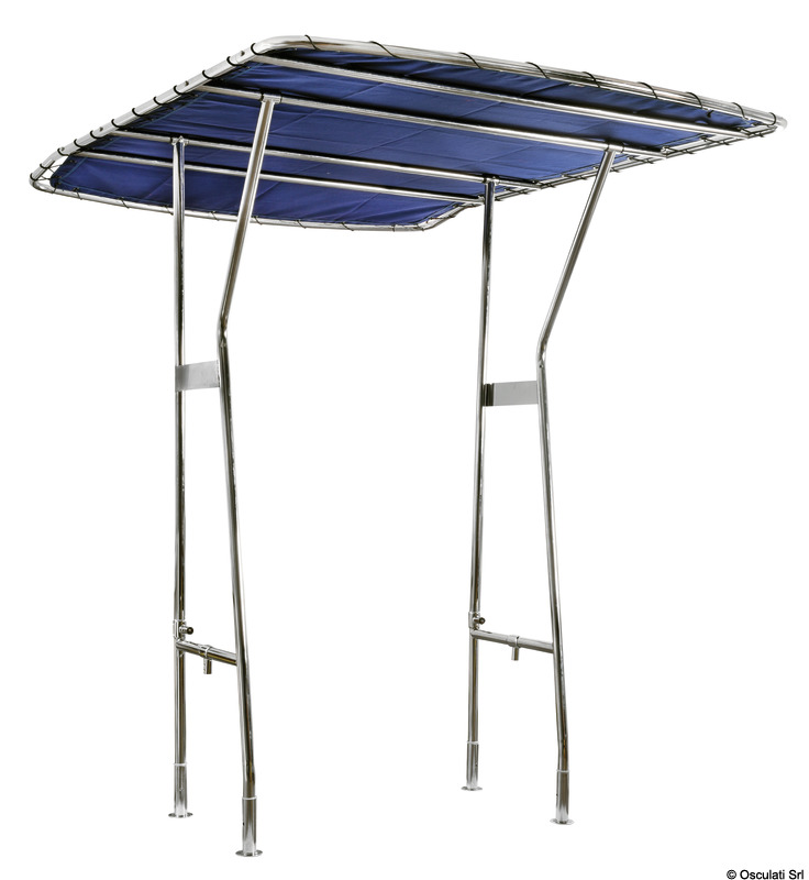 Fabbricati in tubo inox AISI 316 lucidato, Ø 35 mm (struttura della copertura Ø 28 mm). Universale essendo regolabili in larghezza fino ad un max di 140 cm ed un'altezza fino ad un max di 210 cm. Il tessuto del Top di colore blu UV resistente ed impermeabile, può essere smontato per la pulizia. Il T-TOP si può smontare sfilandolo dalle basi.