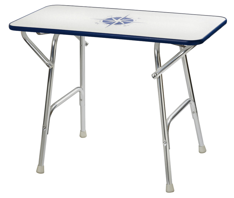 Struttura tubo alluminio anodizzato Ø 25 mm. Ripiano bianco con decoro, spessore 16 mm.